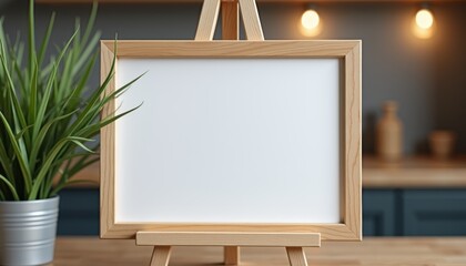 Poster - Blank wooden frame on easel with potted plant in modern kitchen  