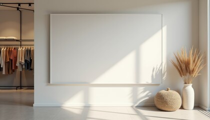 Poster - Minimalist interior with blank canvas and decorative elements in sunlight  
