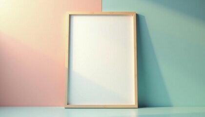 Poster - Empty picture frame in light pink and blue minimalist background  