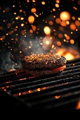 Wall Mural - Fire embers particles over black background. Tasty burger on grill Background - Empty Fired Barbecue On Black . Abstract dark glitter fire particles