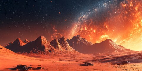 Wall Mural - Mars landscape. a captivating red desert with mountains, stars, and 3D artwork, perfect for a space game cover or poster