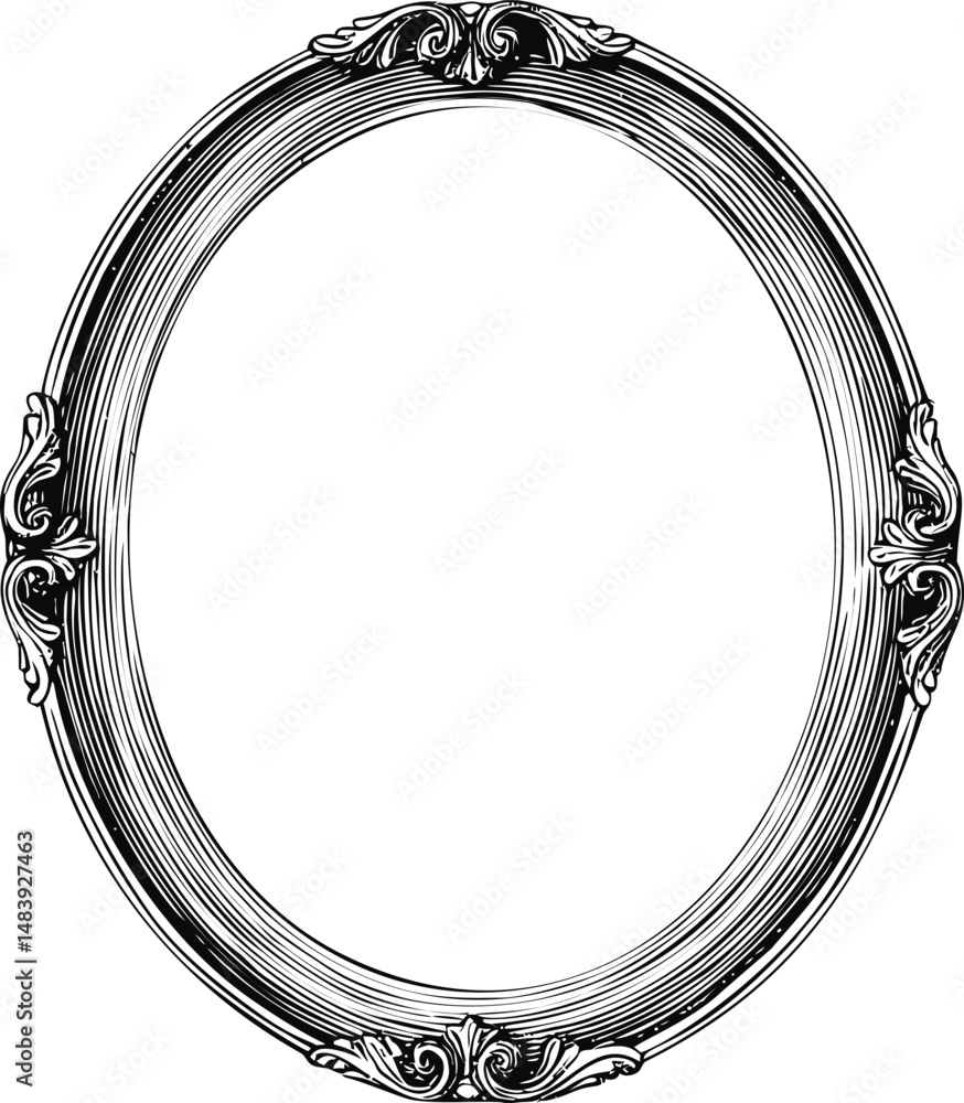 Ornate vintage oval frame in black and white detailed illustration ...