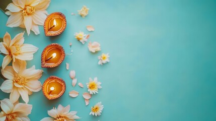 Poster - Festive diya oil lamps with flowers on teal background.