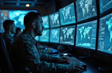 military operator monitors security system. team in cyber command center controls drones or air stri