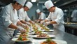 © Vadym - Busy restaurant chefs preparing dishes. Chefs in white uniforms, gloves prepare plates with food. Culinary teamwork, pro occupation, working in cafe kitchen.