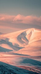 Wall Mural - Serene Winter Landscape with Soft Pastel Hues Over Snow-Covered Hills and Mountains in Early Morning Light and Gentle Clouds Above