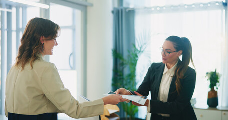 Fototapete - Business, women and resume with interview in office for recruitment process, job portfolio and internal vacancy. Hiring, HR manager and candidate with CV for performance review and company promotion