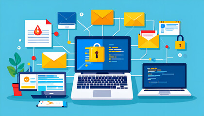 Data security system with encrypted emails and documents shown on multiple devices