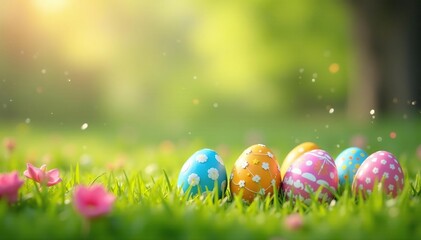  Happy Easter egg hunt scene with colorful decorated eggs in a spring meadow , celebration, pastel