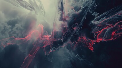 Wall Mural - abstract composition with red and white illuminated strands within a dark cloudy background