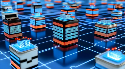 Abstract digital network glowing cubes and lines futuristic technology concept