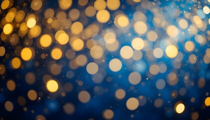 Poster - Blue And Gold Bokeh Background, Shimmering Lights Texture. Festive Celebration Backdrop For Graphic Design Projects. Elegant Glowing Orbs Create A Magical Atmosphere.