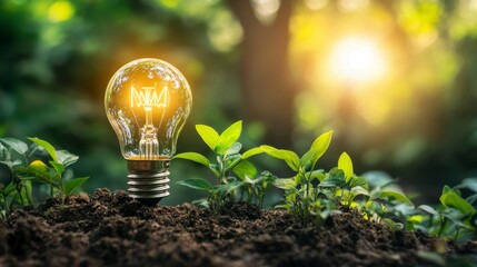 Aufkleber - Glowing lightbulb in soil with green plants, representing sustainable energy and growth.