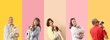 © Pixel-Shot - Collage of happy owners with their domestic animals on color background