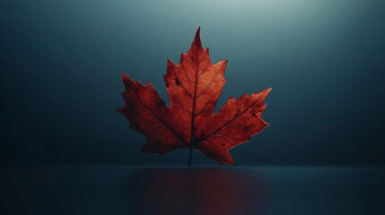 Aufkleber - Single red maple leaf on dark background.