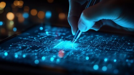 Leinwandbilder - Close-up of hand using stylus on tablet displaying digital circuit board.