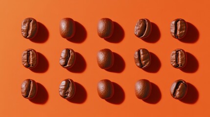 Poster - Top view of fifteen roasted coffee beans arranged in rows on a burnt orange background.