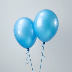Poster - Two Playful Blue Balloons Float On White, Perfect For Celebrations. Shiny Balloons Reflect Light, Creating A Gradient Effect. Ribbons Add A Festive Touch. Ideal For Parties.