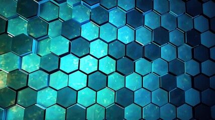 Wall Mural - Hexagon Pattern: A close-up of a gradient geometric design, showcasing a series of interconnected, three-dimensional hexagons in varying shades of blue and green, adding depth and visual interest.