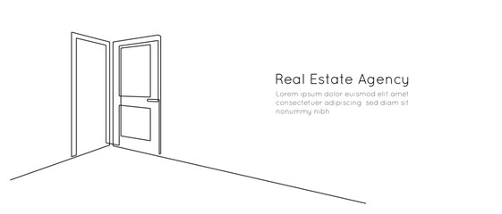 Aufkleber - Opened door in one continuous line drawing. Front enter and exit to house in simple linear style. Future opportunity concept in editable stroke. Oneline vector illustration