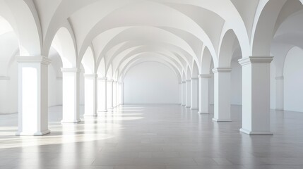 Poster - Sunlit, expansive white hall with arched ceilings and columns.