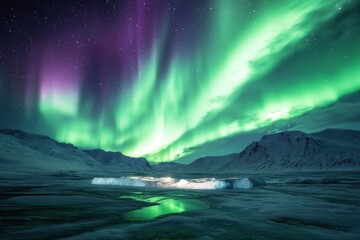 Wall Mural - Aurora borealis night sky landscape illustration