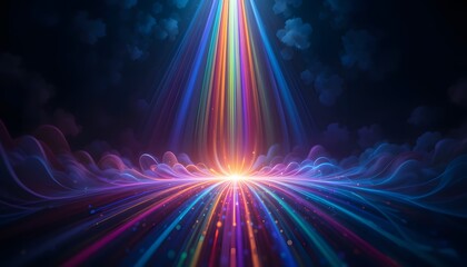 Fototapete - Light Refraction Creates Abstract Rainbow Spectrum, Dark Backdrop Illuminates Ethereal Hues. Colorful Rays Dance In Space. Vibrant Energy Fills The Void. Fluid Movement Inspires Creativity.