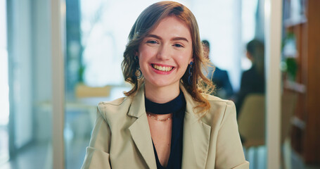 Aufkleber - Happy, professional and portrait of businesswoman in office with confidence for creative career growth. Smile, face and magazine editor from New York with pride for agency development in workplace.