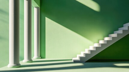 Poster - Architectural scene with white columns, pastel green walls, and a stairway bathed in soft daylight