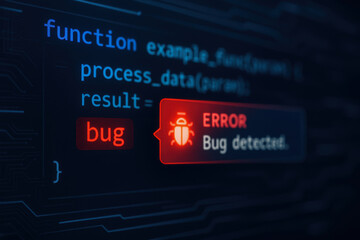 computer engineering concept with error bug detected in software code highlighting programming issue
