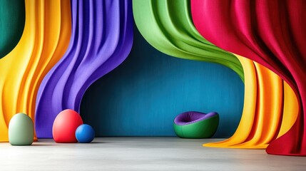 Poster - Curved colorful drapes blending over a teal base, forming a vivid and modern interior display