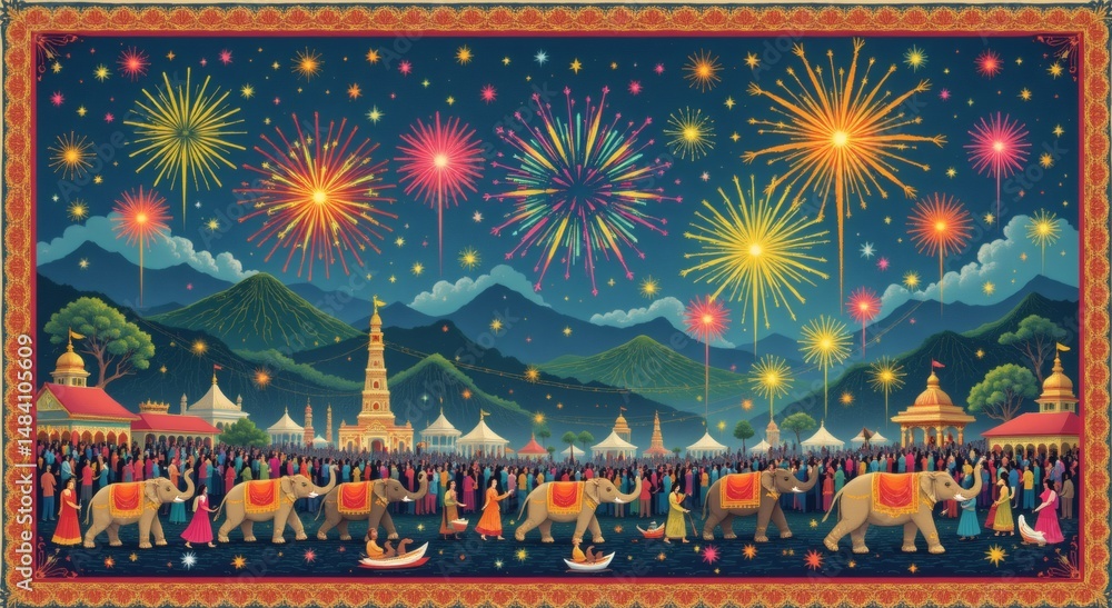 Pooram Design a vintage poster of thrissur pooram, with elephants, fireworks, and a ...