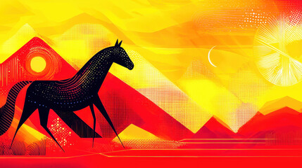 Wall Mural - vibrant abstract digital artwork featu a stylized black horse silhouette amidst colorful geometric m