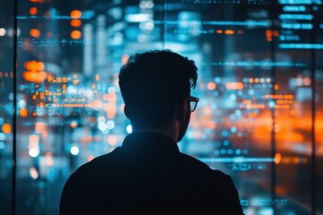 man with glasses in front of screen