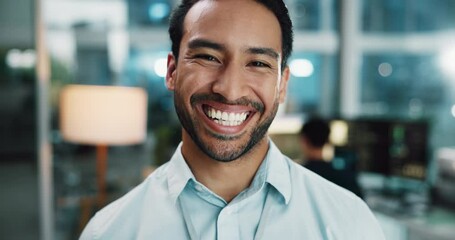 Aufkleber - Web developer, confident and portrait of businessman in office for software system or website update. Night, happy designer or Asian backend engineer with smile for company development in workplace