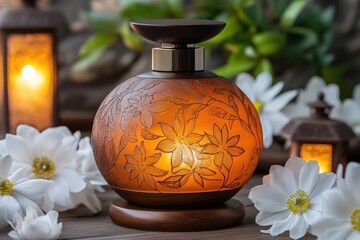 Poster - Ornate perfume bottle with floral design, illuminated from within.