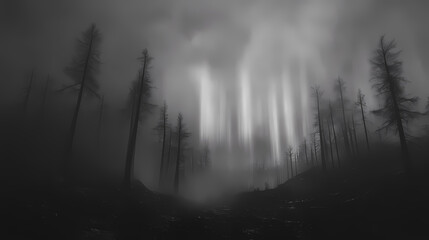 Wall Mural - Subtle gray aurora borealis, ethereal glow across a dark sky, cold, subtle. [Lanternblood Forest] | Hollowgleam Field | faint shine. Illustration