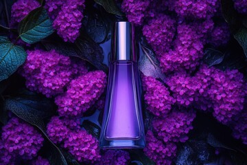 Poster - Purple lilac flowers surround a glass perfume bottle.