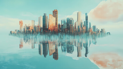 Wall Mural - Surreal floating city landscape with submerged skyscrapers. [Ocular City] | Ghost Reflection | faint trace. Illustration