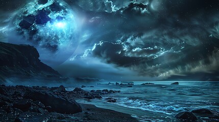 Wall Mural - dramatic night sky over rocky shoreline with glowing celestial bodies