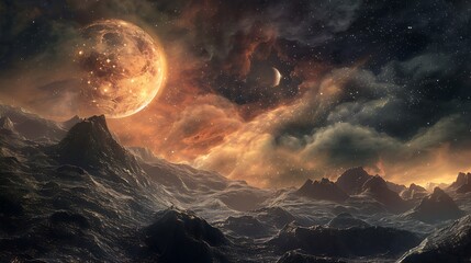Wall Mural - fantastic planetary landscape with glowing planets stars and dark skies