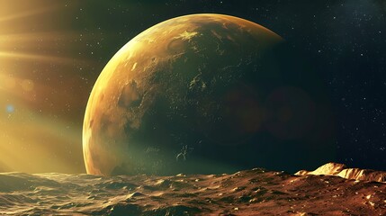 Wall Mural - pixelated moon over rocky terrain with bright sunlight and starry space
