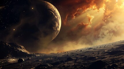 Wall Mural - pixelated planet and rocky terrain illuminated by golden sunlight with dramatic clouds