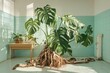 © black - Large tropical plant with exposed roots in a sunlit room