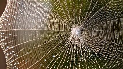 Extreme close-up of intricate spider web glistening with water droplets against blurred green background, sparkling in the light.