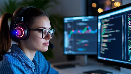 Woman coding on computer monitors wearing headphones