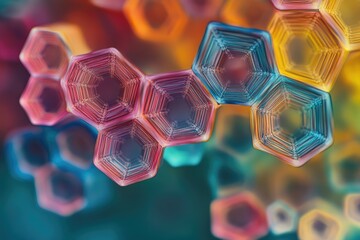 Wall Mural - Intricate hexagonal crystals in vibrant hues, resembling a microscopic honeycomb structure.