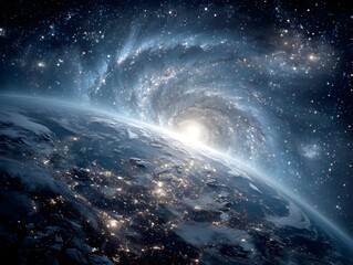 Wall Mural - a breathtaking view of earth from space shows a swirling galaxy rising majestically over the planet'