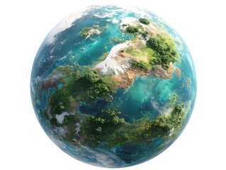 a detailed 3d rende of a lush green planet earth with abundant oceans and diverse landmasses isolate