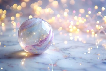 Canvas Print - mesmerizing glass orb on smooth marble surface with warm glowing ambient lights